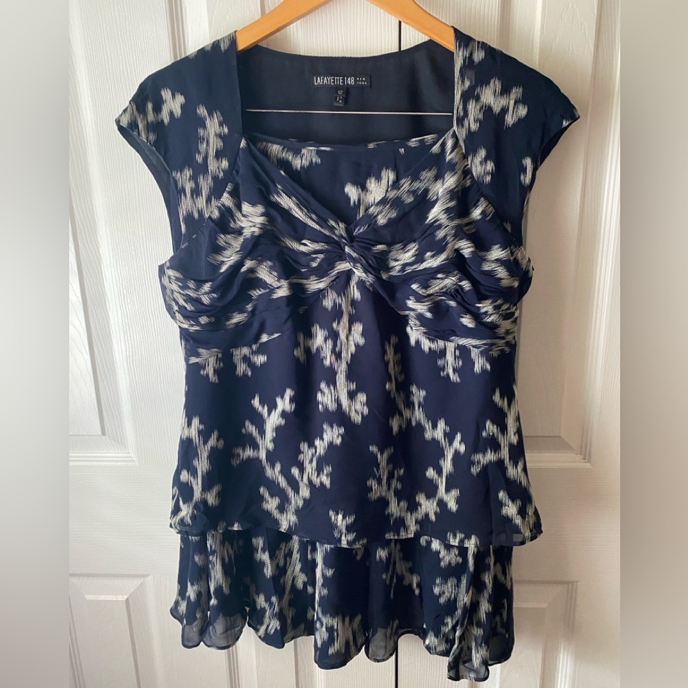 LAFAYETTE 148 Navy Cream Silk Blend Crepe Twist Front Top Tulip Midi Skirt Set12